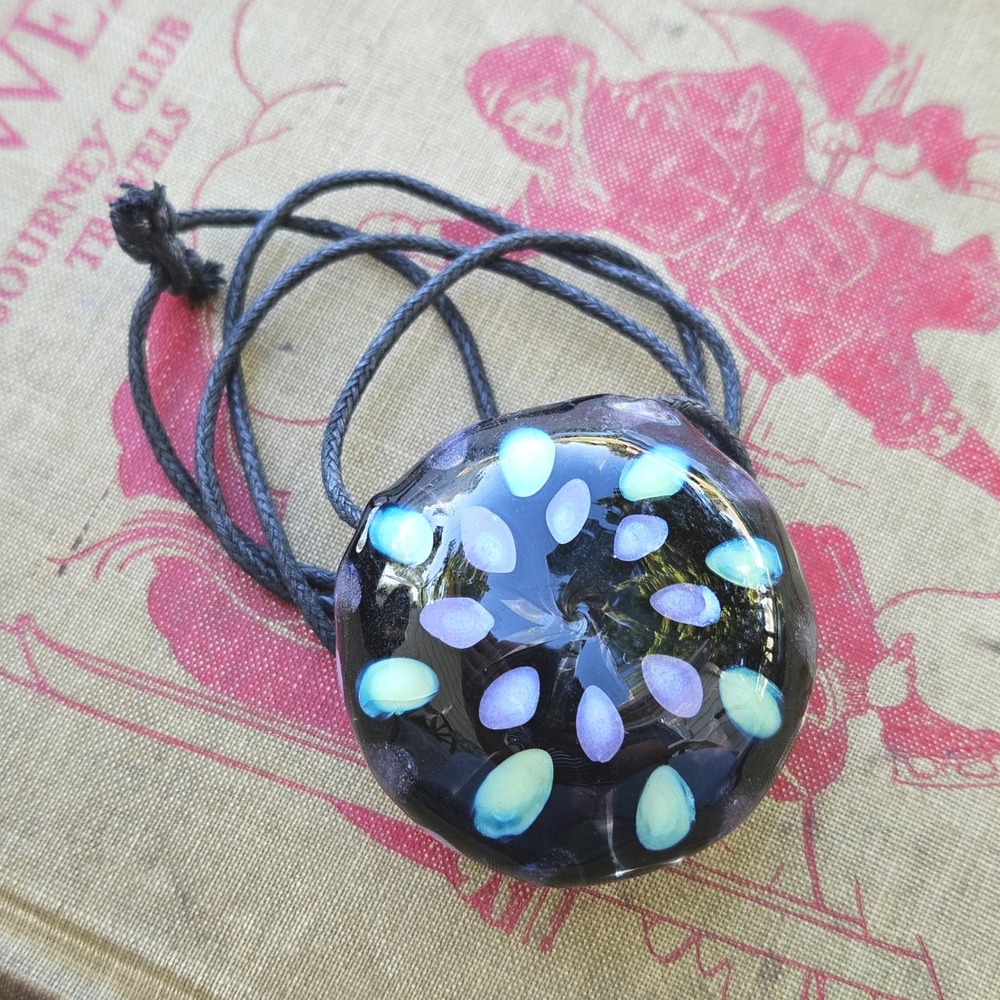 Handmade Hand Blown Lampwork Glass Large Pendant Necklace Black Purple Artisan